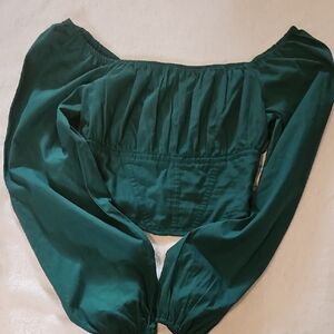 Japna Teal Off-Shoulder Long Sleeve Crop Top